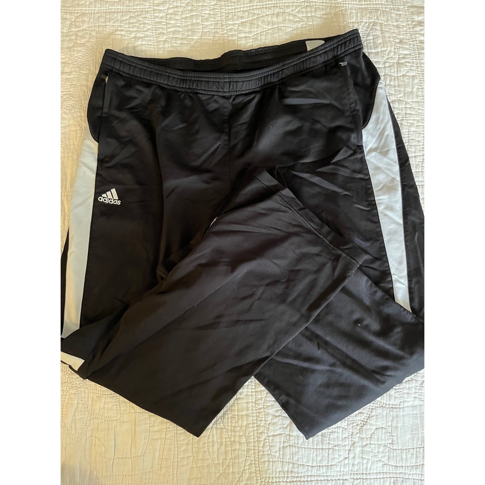 Y2K Adidas Climalite Mens Track Pants Black White Side Stripe Zipper Pockets 2XL